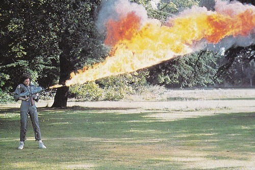ndiecity: theactioneer: Sigourney Weaver testing a flamethrower for Alien (1978)