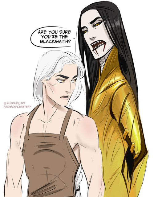  Melkor and Mairon, first acquaintances )Mairon is muscular as a blacksmith, Melkor in his favorite 