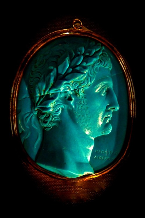 langoaurelian:  Herophilos Dioskour Turquoise glass cameo of circa 20 AD, allegedly of Tiberius. Signed by Herophilos, son of Dioscourides.  