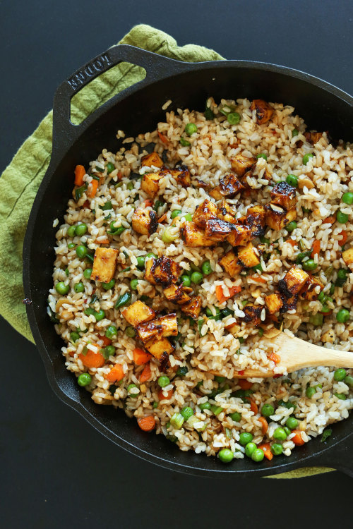 justfoodsingeneral:  Vegan Fried Rice“Easy, 10-ingredient vegan fried rice that’s loaded with vegetables, crispy baked tofu, and tons of flavor! A healthy, satisfying plant-based side dish or entrée.”