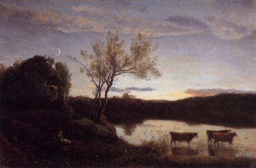 Camille Corot - A Pond with three Cows and a Crescent Moon. 1850. Oil on canvas.