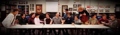Some kids in the high school where I sub recreated The Last Supper in the library today. Jesus is be