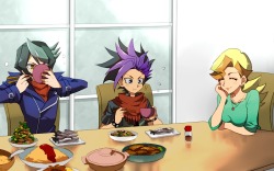 darkrebelshippingftw:  Yuto and Shun are having lunch time at the Sakaki Household!  Art: ア～クファイ部② by ためいき on Pixiv. Go look at the wonderful art!