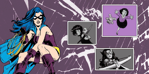 Helena in an 80s comic art style crouches on the left side of the image on a purple background. three panels beside her show a young crying Helena, a teen Helena training to fight, and an adult Helena, wielding a crossbow and smiling. each of the panels is gray but lights up in purple, one by one.