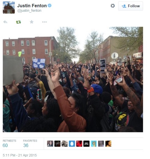 iwriteaboutfeminism:  About 1,000 protesters gathered in Baltimore to march for justice for Freddie Gray, who died earlier this week after he suffered a severed spine and crushed voice box while in police custody. Tuesday, April 21st.Part One[Part Two]
