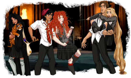 summersone:Disney at Hogwarts by Eira1893  Gryffindor Prince Charming, Philip, Ariel & Eric, Aladdin, Merida, Tarzan, KidagakashHufflepuffSnow White & Prince Ferdinand, Cinderella,Tiana, Anna & KristoffRavenclawAurora, Belle, Rapunzel, Milo