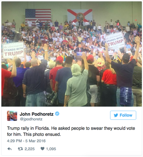 agentasshole:  oncesupermerwholocktter:  micdotcom:  Donald Trump has Florida supporters raise their right hands and pledge loyalty At a rally in Orlando, Florida, Republican presidential frontrunner Donald Trump asked his supporters to raise their right