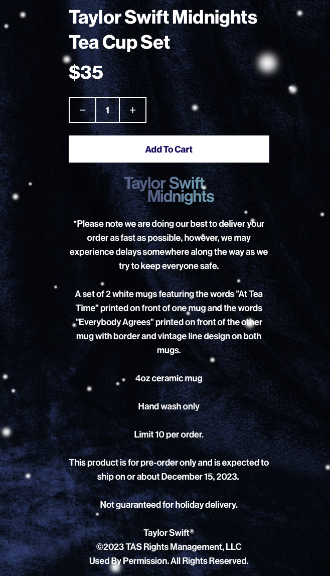 Taylor Swift Midnights Tea Cup Set