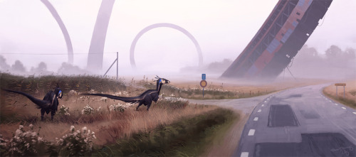 jurassiraptor:  Dinosaur art by Simon Stalenhag [ website | tumblr ] I love the prehistoric juxtaposed with technology — a real Jurassic Park vibe — combined with the chilly mood of winter. 