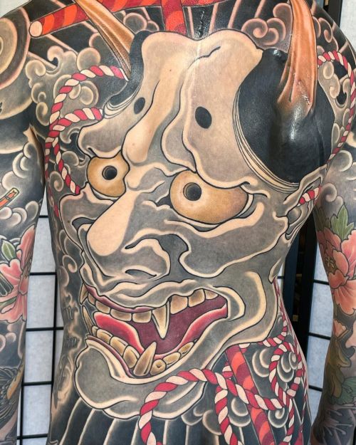 Finished #hannya back piece. Thank you Lenny san I’m gonna miss you! • @strictlytattoostu