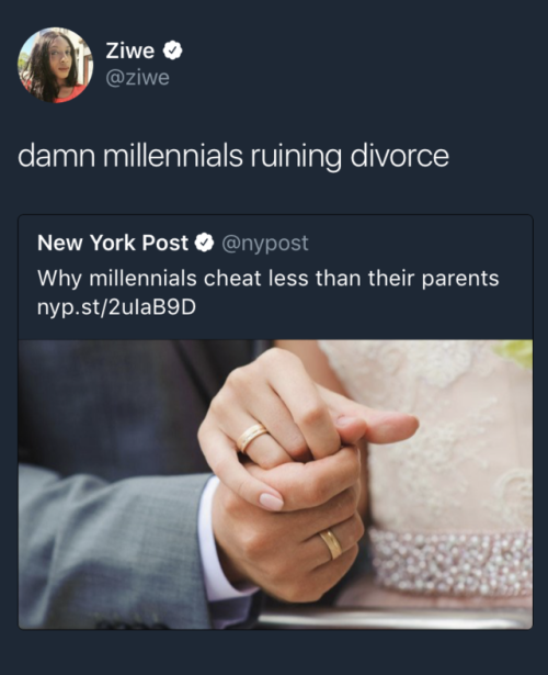 kaylapocalypse: since1938: How millennials killed the divorce industry Wild guess at the answer: not