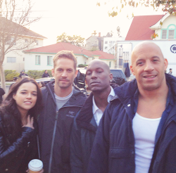 domsletty:  &ldquo;With us forever… #ThrowbackThursday&rdquo; — Michelle Rodriguez with Paul Walker, Tyrese Gibson and Vin Diesel | Fast &amp; Furious 6 Behind The Scenes 