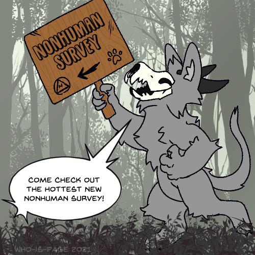 A anthro canine psychopomp holding a sign that says, 