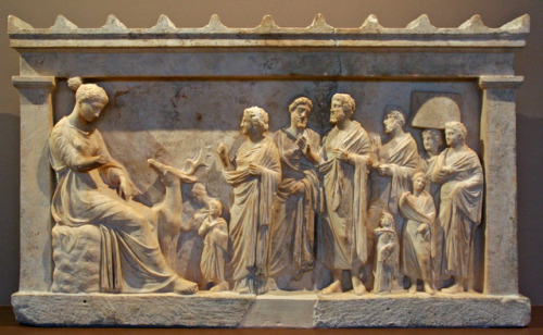 Marble votive relief from the sanctuary of Artemis at Brauron, Attica, showing a group of worshipers