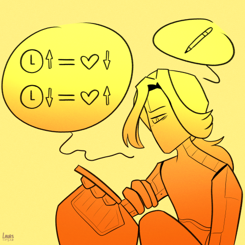 third panel of the comic where my sona starts explaining their thoughts through drawings of a clock with an upwards arrow equating to a heart with a downwards arrow and vice versa. there's also another speech bubble where a pencil drawing is shown