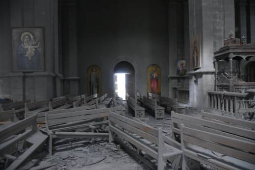 Ghazanchetsots Cathedral (est. 1868), Shusha, got hit by the Azerbaijani’s Multiple Launch Rocket Sy