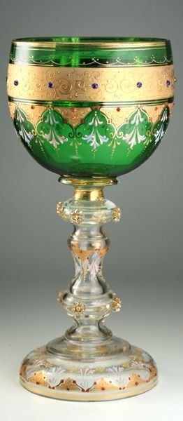 Tall chalice Jewelled and enamelled emerald green glass and gilt Moserc. 1910-1920