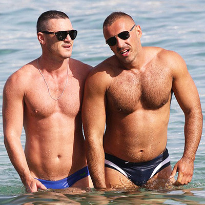 famousmeat:  Luke Evans’ speedo bulge at the beach with male companion in Mykonos 