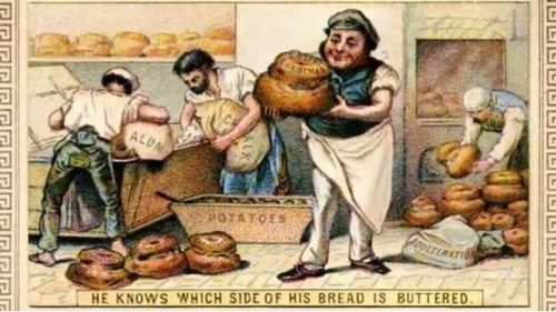 A baker adulterates his food with chalk, alum, and potatoes in this cartoon from the 19th century. B