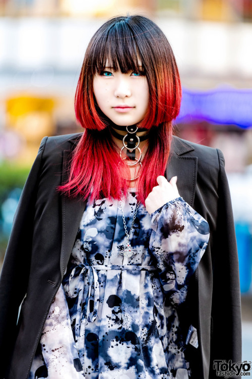 16-year-old Japanese high school student Remon on the street in Harajuku wearing a vintage blazer ov