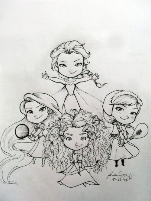 frozenloki:  My Rapunzel, Merida, Anna, and Elsa Sketchies :3  just thought maybe I could post it here :3 http://nicolebalcom.deviantart.com/ 