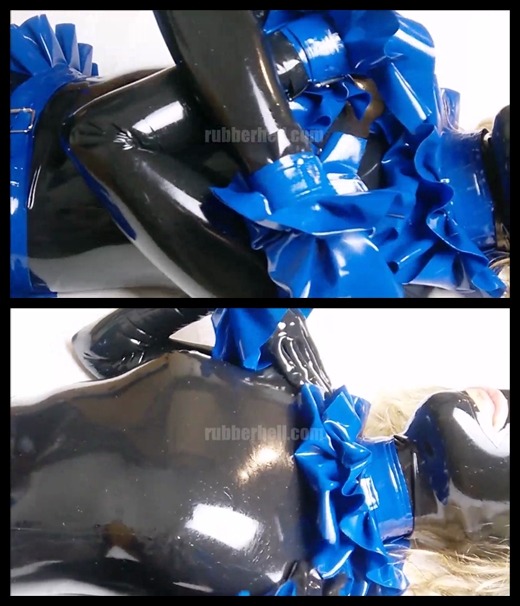 rubberterra:  love my latex frilly belt and wrist bands with blue latex frilly collar