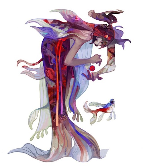 percichen:  Mermay is back! I’m drawing tarot themed mermaids this time. Here are five of them so far:  Mandarin fish - the fool Longfin Tetra - the magician Jellyfish - the high priestess  Arowana - the emperor  Kingyo - the empress 