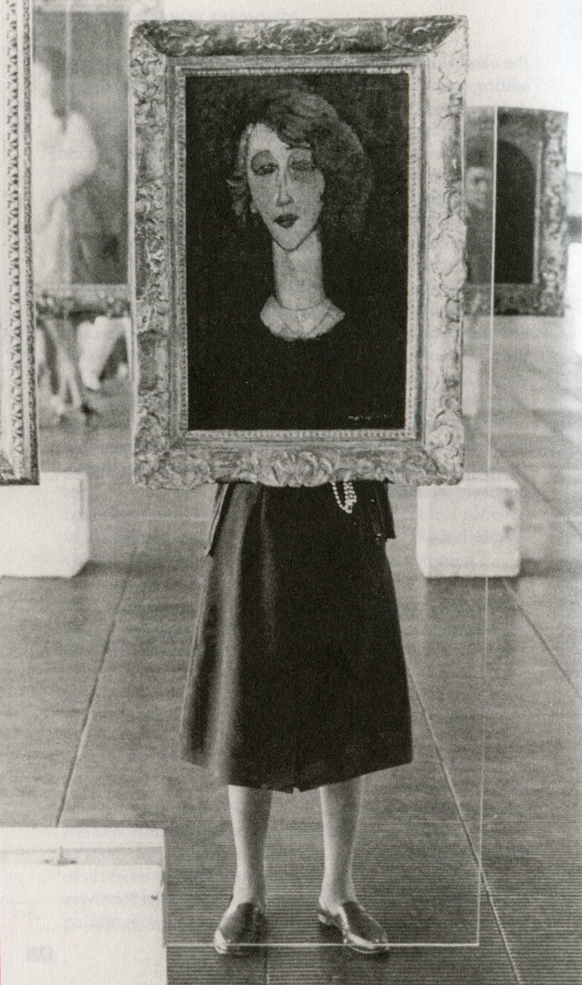 Lina Bo Bardi, 1957-8, São Paolo Museum of Art — behind one of her innovative glass painting stands displaying Modigliani’s Renée, 1917, from the museum’s collection.