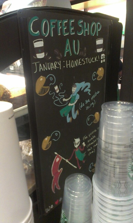 meowrailsandthediamonds:  just-spring:  oh starbucks  The prince is awake thanks to this rad chai 