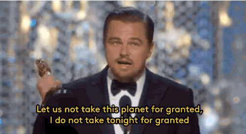 refinery29:  Leo in his Oscar acceptance speech: your votes in America and internationally have a major effect on global warming, the most dire threat of our time. Gifs: The Oscars on ABC FOLLOW REFINERY29 