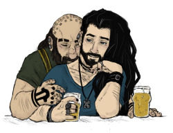 ladynorthstar:  more for Dread’s Bikers!AU~  Dwalin and Thorin cuddling at the pub’s counter, because they are sappy assholes. 