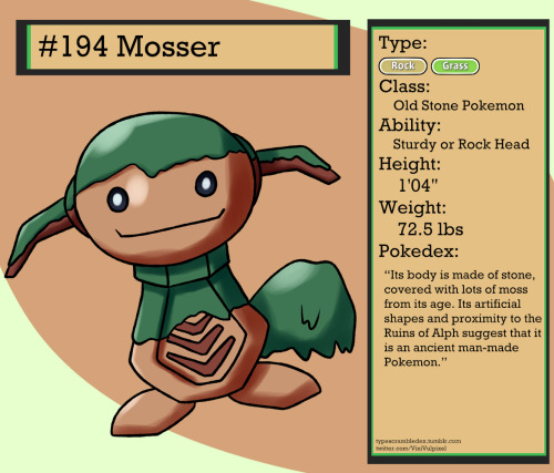 194 - MosserOld Stone Pokemon“Its body is made of stone, covered with lots of moss from its age. Its