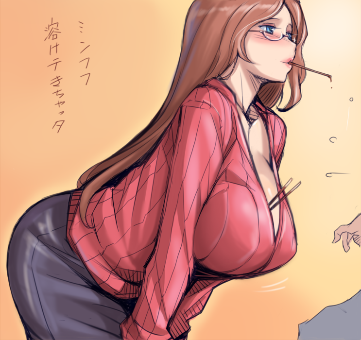 Gelbooru- Image View - 1girl american oppai-san bent over between breasts blue eyes