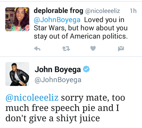 17mul:  yourlocalforeign:  thugilly:  marissarei:  sophiaslittleblog:  boyega-john:  Another iconic John Boyega clap back  Look at my husband doing the lords work.  AHAHA  tbt when they tried to pull that shit on John Legend too #LetBlackMenSpeak  