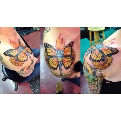 alysha:  New monarch butterfly by @raultanguma. I’m symmetrical again! Love it ❤️🌻🙏 #wichitasailors  (at Sailor’s World Famous Tattoos)