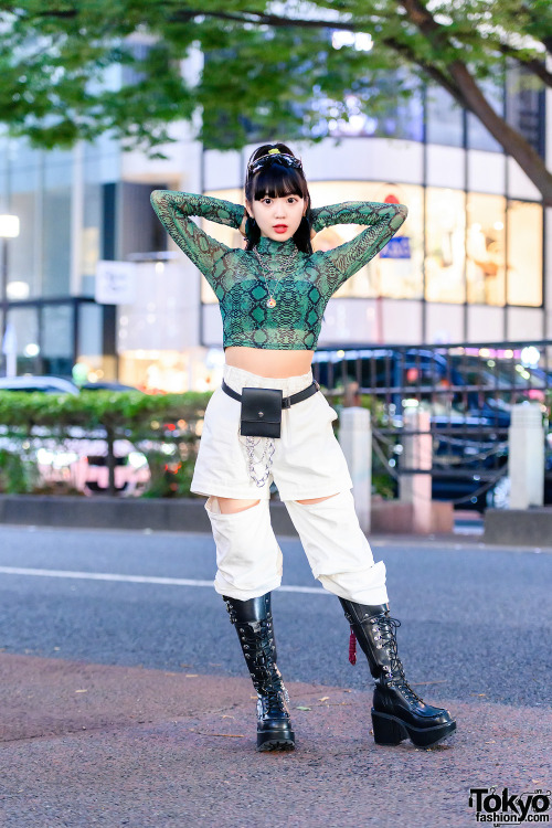 Japanese x Korean WEGO Harajuku staffer Misuru on the street in Harajuku wearing a snakeskin croptop