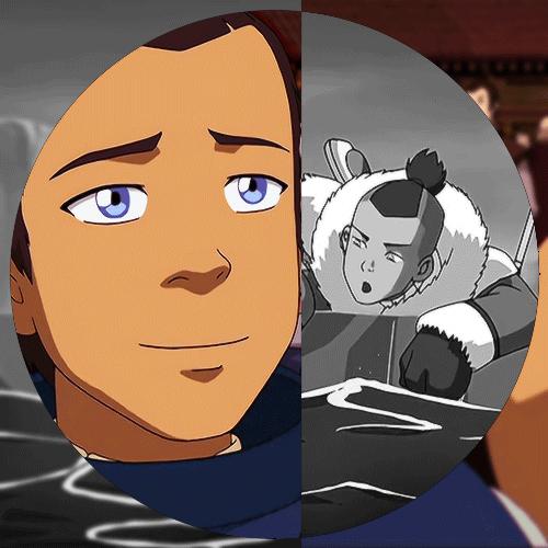 On the left, an in colour close up of Sokka, smiling and raising his eyebrows. On the right, Sokka in black and white in his winter coat, on an ice cap in the ocean, speaking to someone, annoyed.