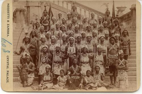 The remaining Dahomey Amazons pose for a photograph at the Crystal Palace in London, circa 1893.