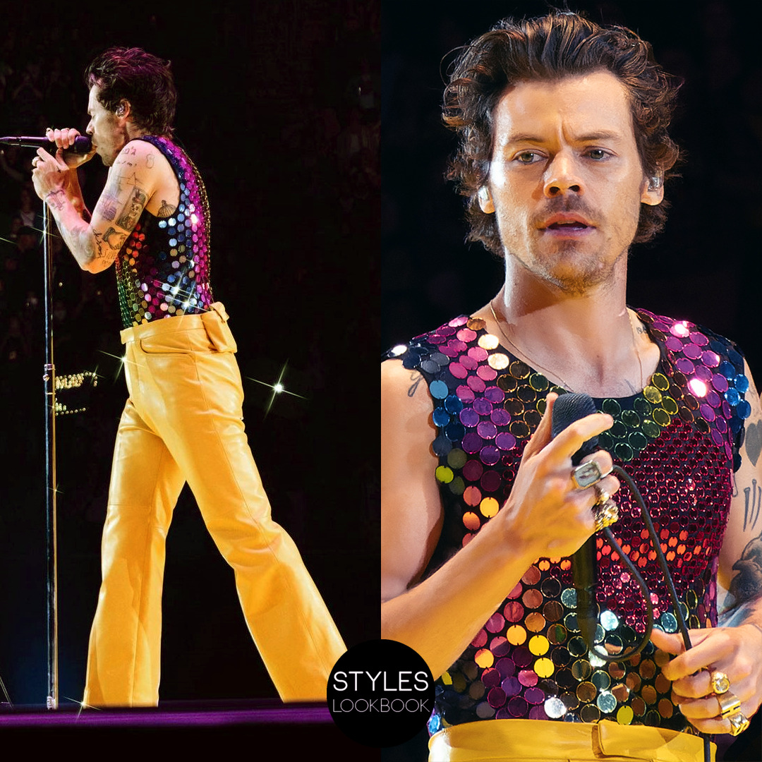 Gucci  Performing Falling at the Brit Awards Harry Styles wore a custom  Gucci Ivory lace shirt with lace high waist trousers with lave gloves and  leather boots with Sucker written on