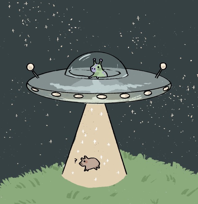 image 2: a green alien capybara in a flying saucer is beaming up the earth capybara