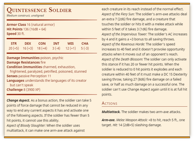 5th Edition Dungeons and Dragons stat block for the quintessence soldier. Full text available below.