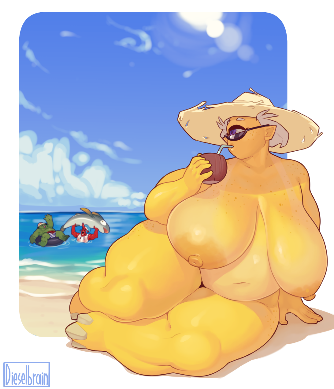 dieselbrain: Finally finished this pic of Sucy hanging out at the beach with two
