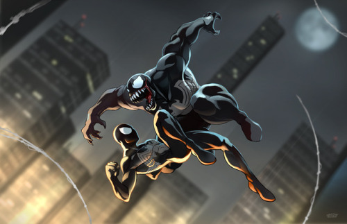  Spidey (sporting his black suit) vs Venom (in the original black symbiote suit). Art by me