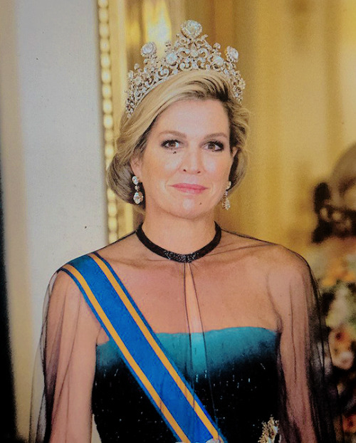 crownprincesses: Queen Maxima of The Netherlands wearing The Stuart Tiara at tonight’s banquet at Bu