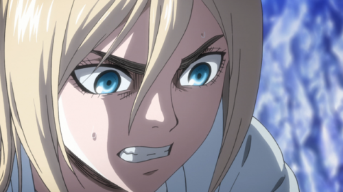 In all of my (v good, v valid) criticisms of the anime lately, I almost blew right past something they added that I really love.Eren’s the one having the obvious breakdown here, but it comes out in the same words Historia has always regarded herself