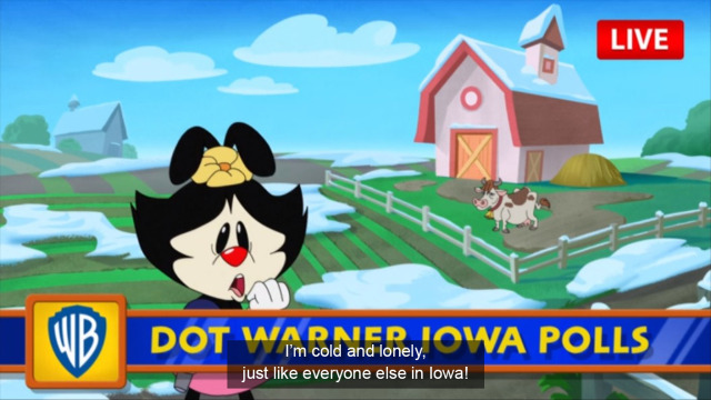 Dot Warner at an Iowan barn, caption reads "I'm cold and lonely, just like everyone else in Iowa!"