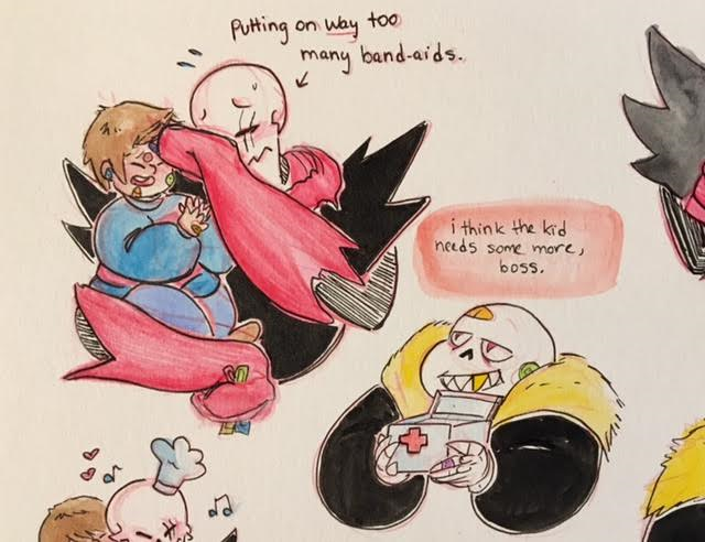stuffedart:  Here are most of the doodles I’ve done of a sick/injured Frisk being