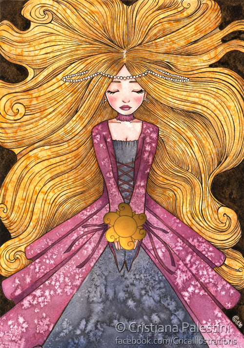“Princessence”Sepia ink, watercolors, pastels, gold acrylic and salt on 25% cotton paper