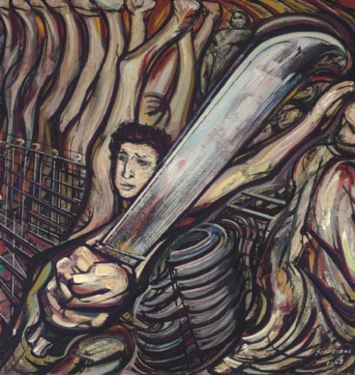 blastedheath:David Alfaro Siqueiros (Mexican, 1896-1974), Autorretrato (El Machete), 1968. Pyroxilin