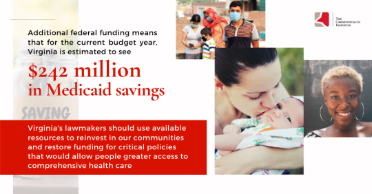 Image features pictures of a family wearing face masks, a young mother kissing her baby, and a smiling woman. It includes the following statement: "Additional federal funding means that for the current budget year, Virginia is estimated to see $242 million in Medicaid savings. Virginia's lawmakers should use available resources to reinvest in our communities and restore funding for critical policies that would allow people greater access to comprehensive care."